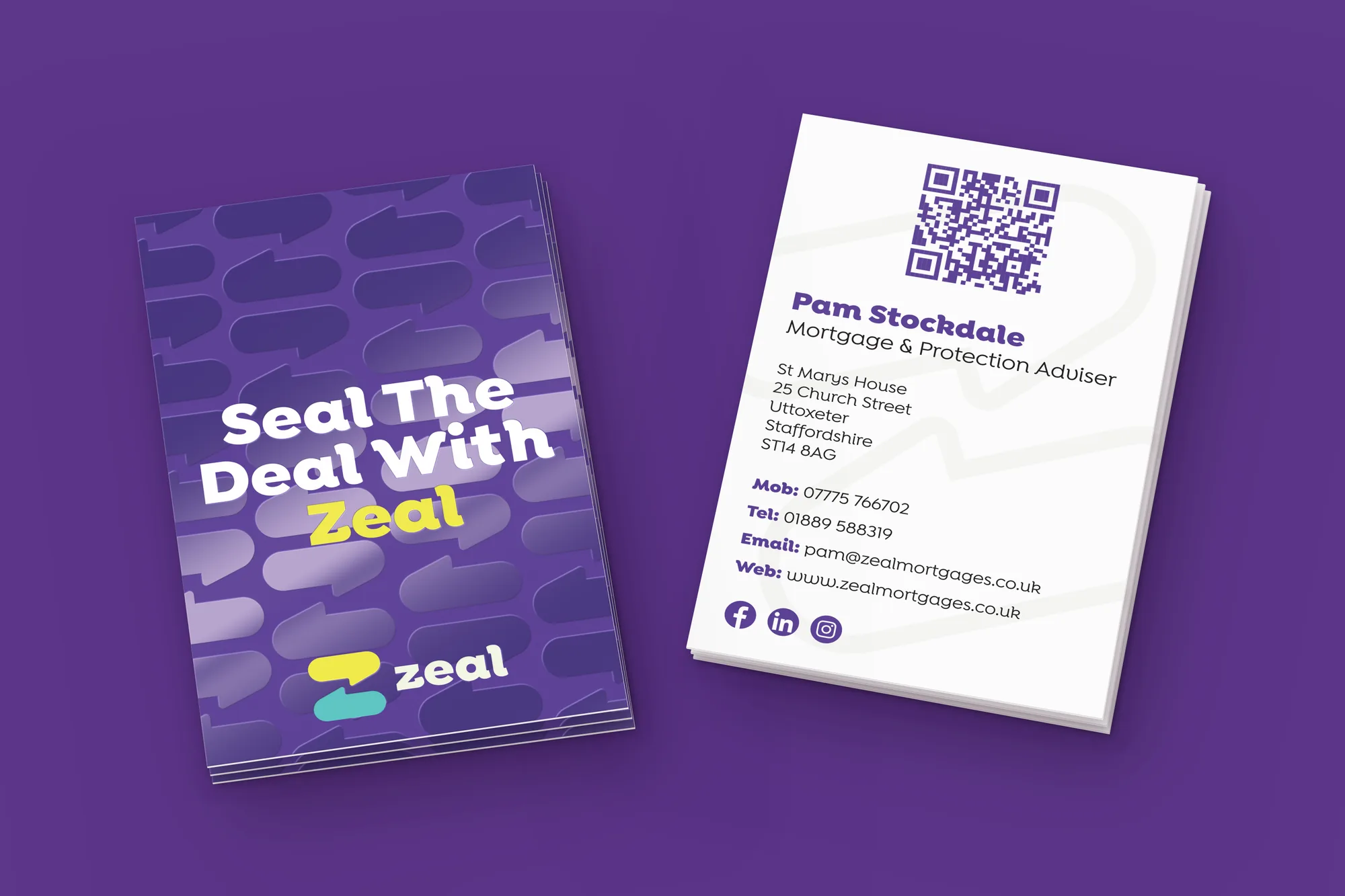 Zeal business cards with a purple spot UV finish and a card showing contact details