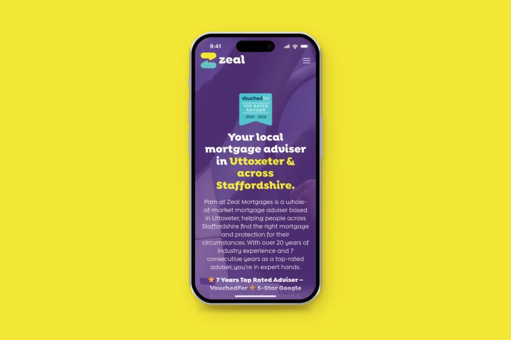 Zeal Mortgages website on an iPhone against a yellow background