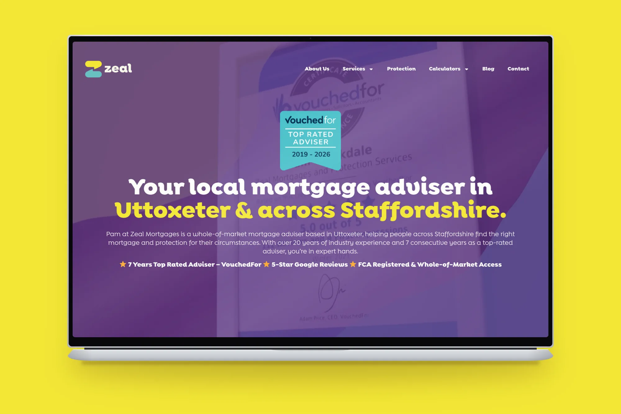 Zeal Mortgages website on a MacBook against a yellow background